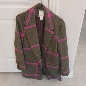 H&M Women's Blazer with Pink and Brown Plaid